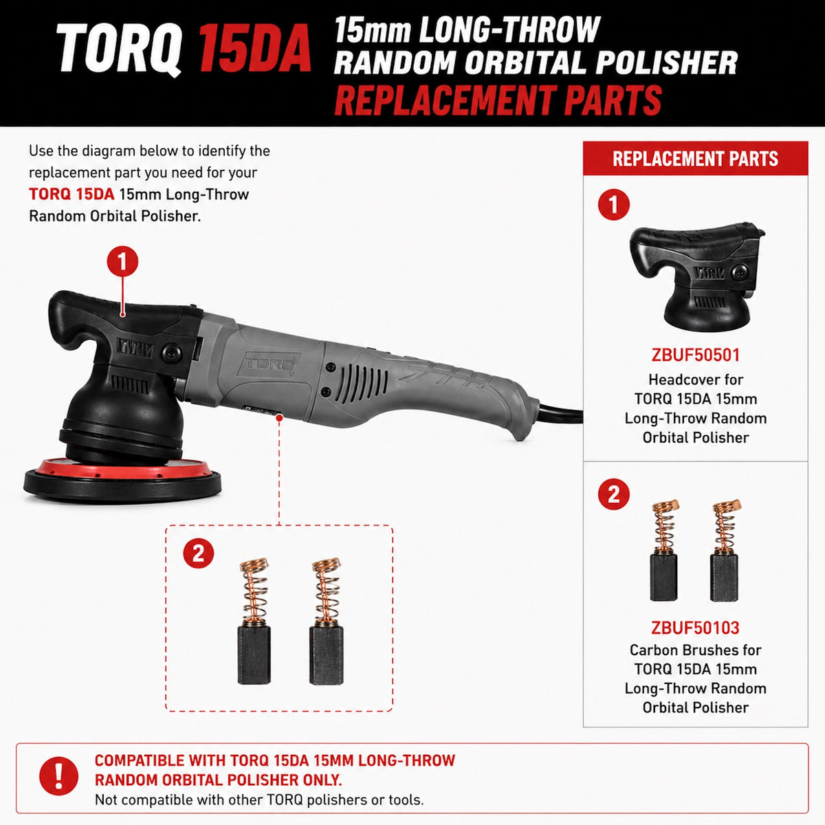 TORQ 15DA 15mm Long-Throw Random Orbital Polisher Replacement Parts